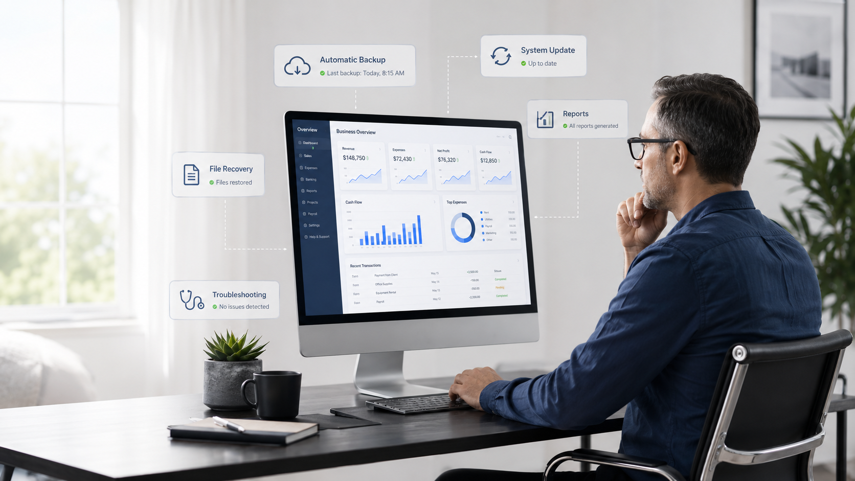 Professional desktop accounting support dashboard with backup, reports, updates and file recovery panels
